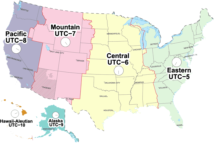 Map of United States time zones showing Pacific, Mountain, Central, Eastern, Alaska and Hawaii-Aleutian regions