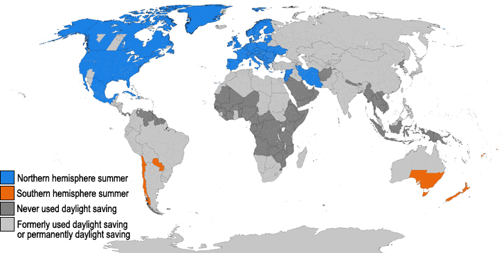 World map showing which countries use daylight saving time, which have used it in the past, and which never have